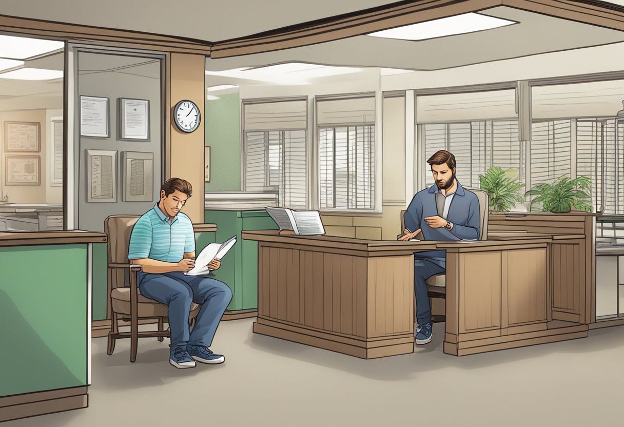 A customer reading a FAQ pamphlet at a licensed money lender's office