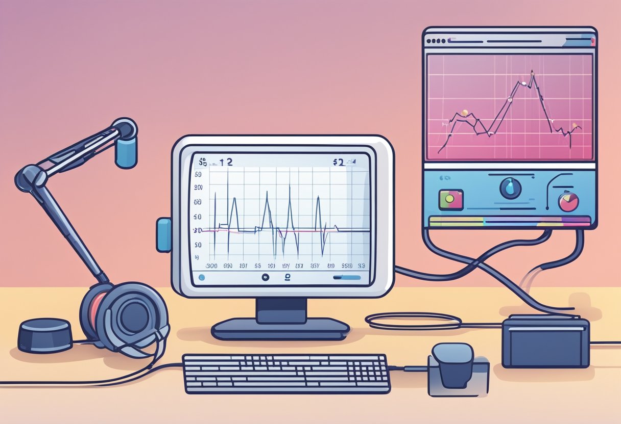 An ECG monitor displays a graph with a pulsing line, surrounded by medical equipment and a list of frequently asked questions about heart rate