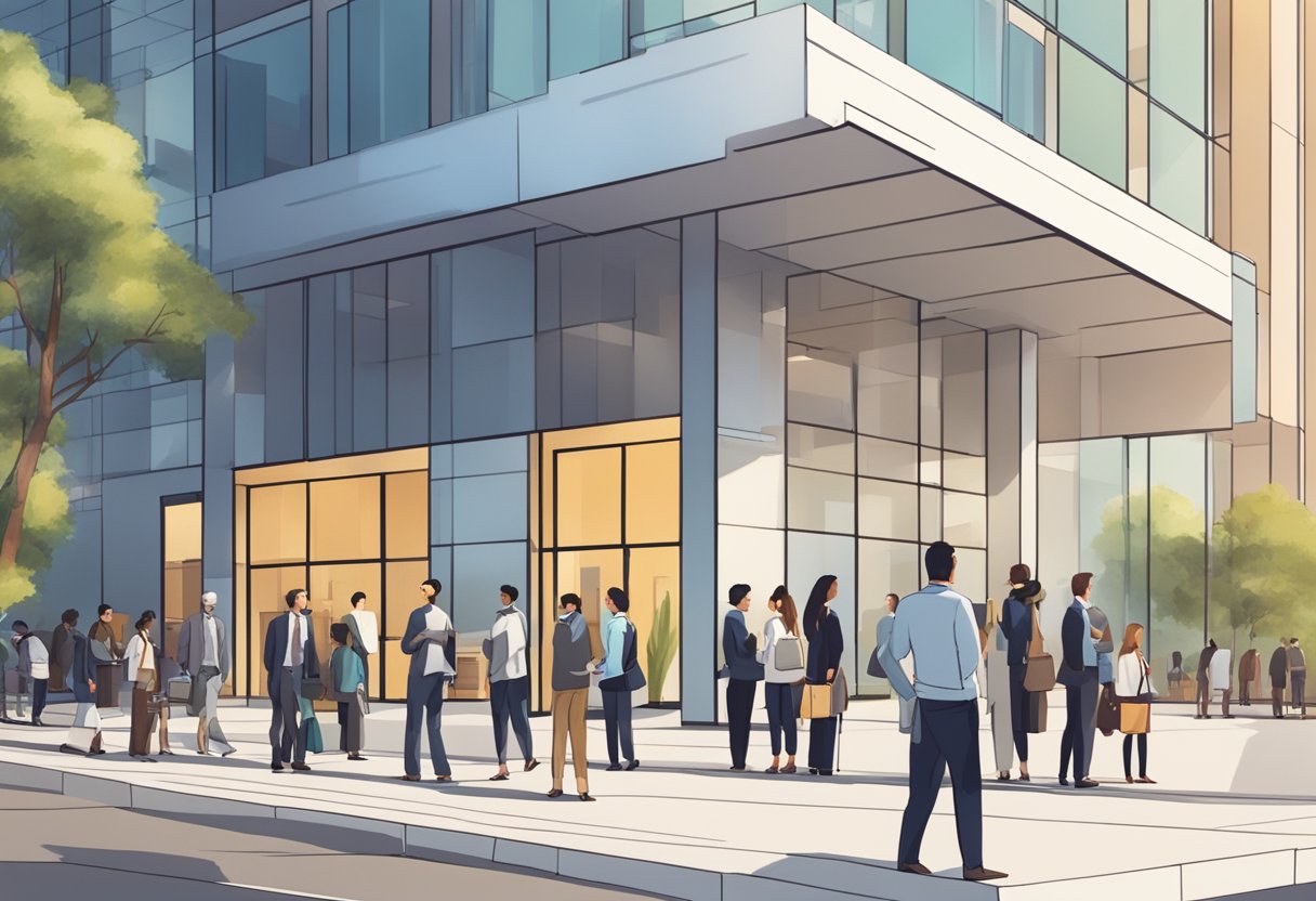 A line of people waiting outside a modern office building with a sign that reads "Frequently Asked Questions tcm money lender" above the entrance