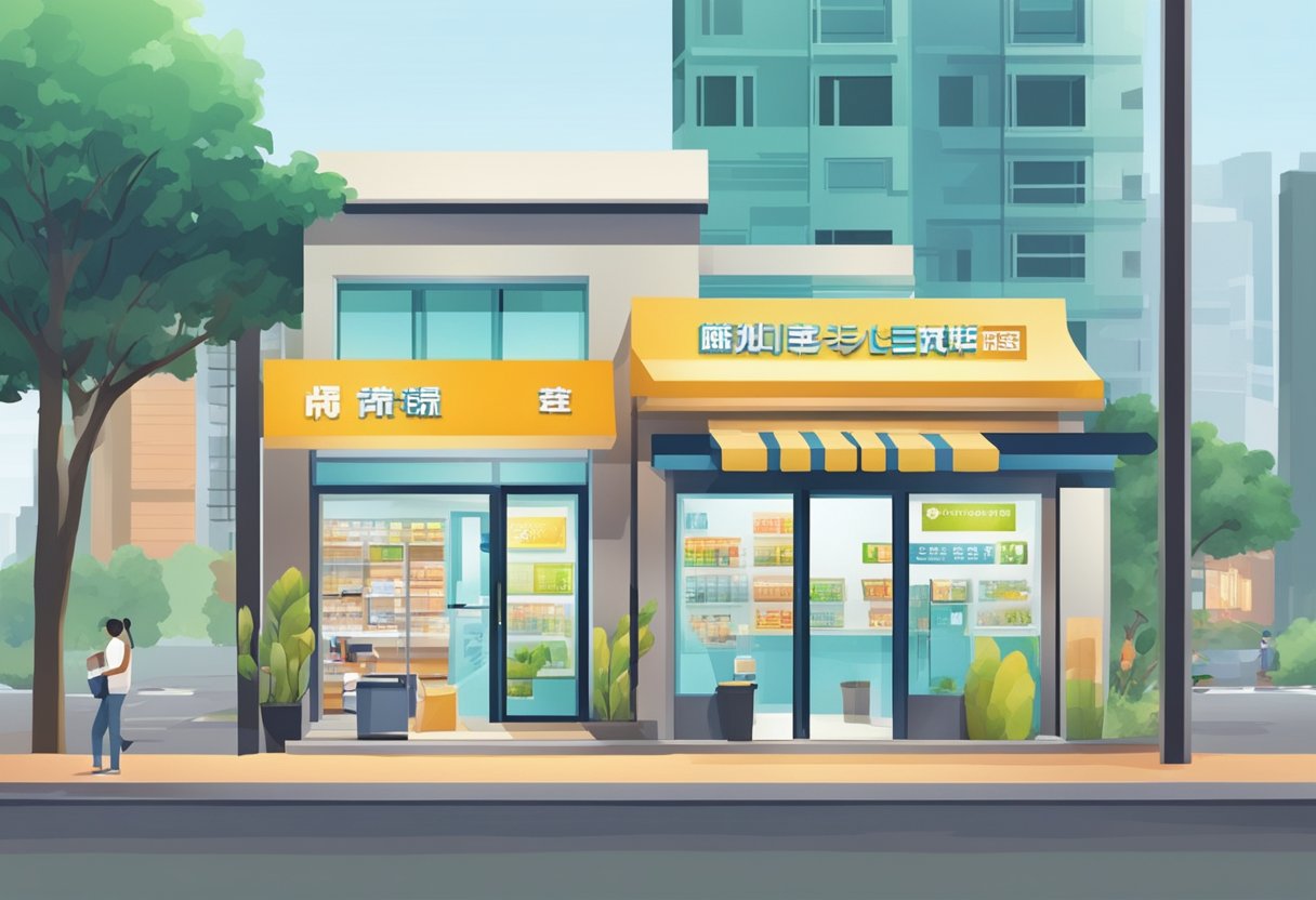 A licensed money lender's storefront in Punggol, with a prominent sign and a steady stream of customers entering and exiting