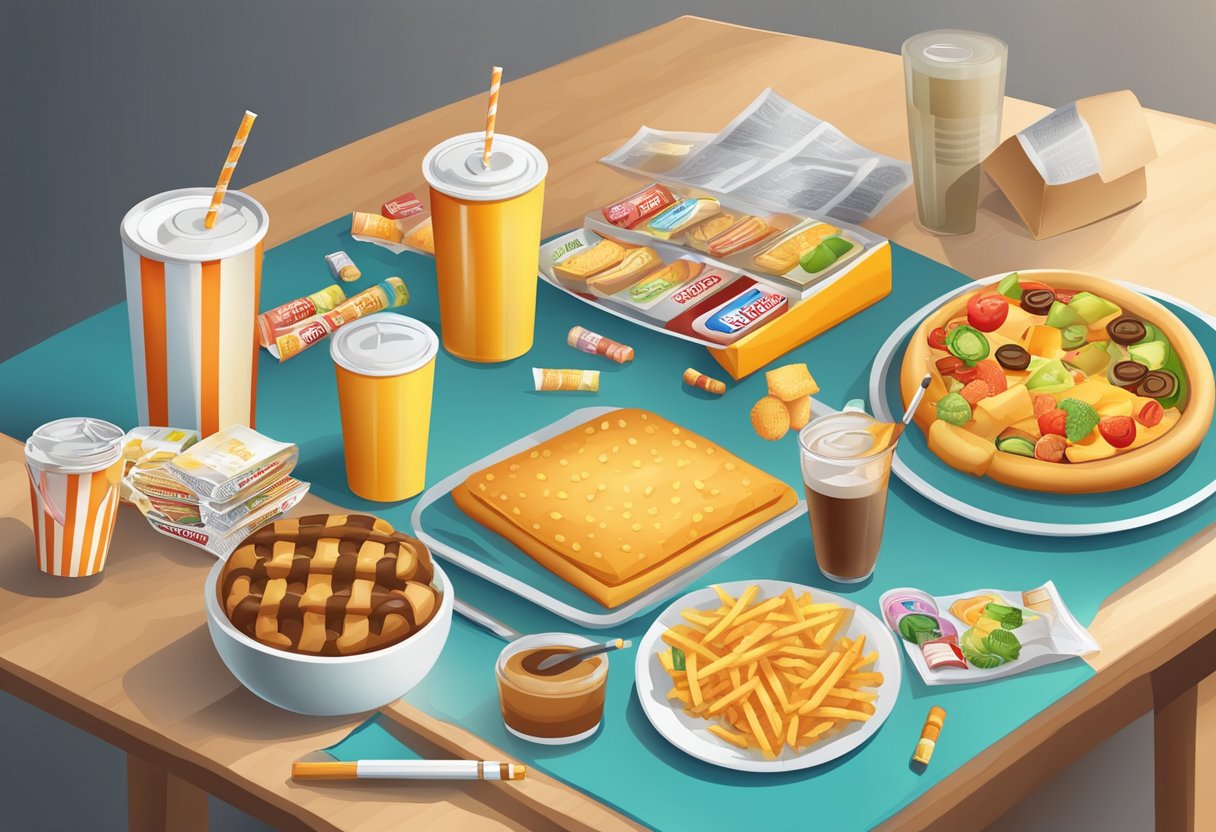 A table with unhealthy food, cigarette pack, and sedentary activities