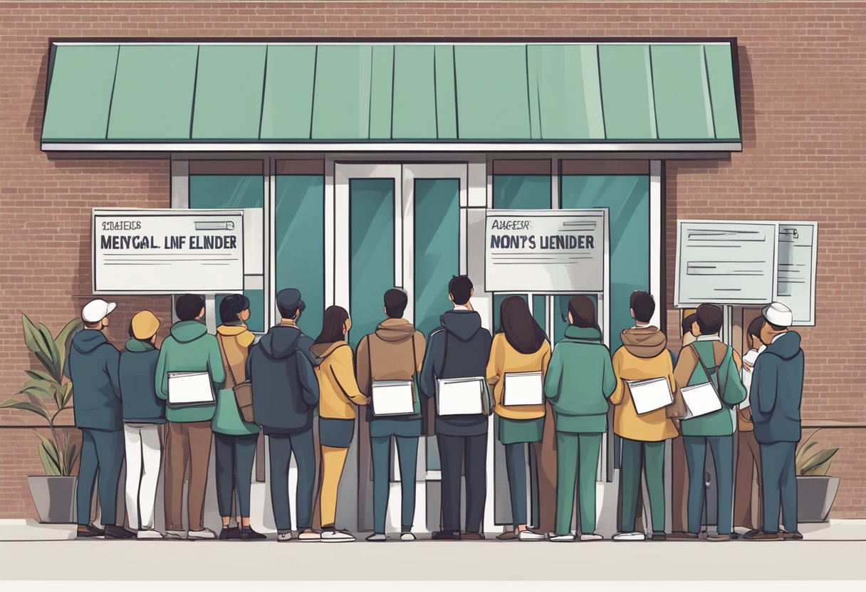 A group of people lining up outside a licensed money lender's office, with signs and banners protesting against legal actions taken by the lender