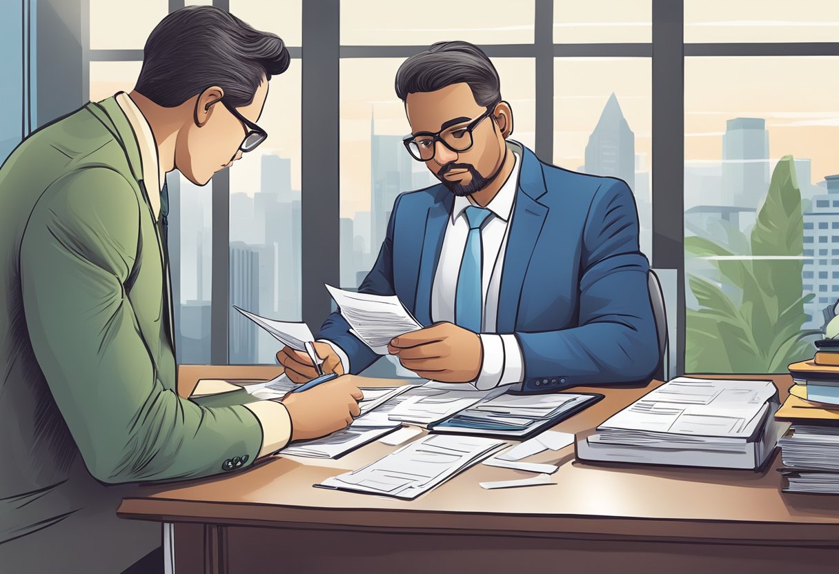 A licensed money lender checks a client's documents at a desk