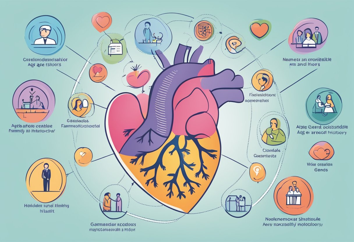 A heart surrounded by non-modifiable risk factors like age, gender, and family history