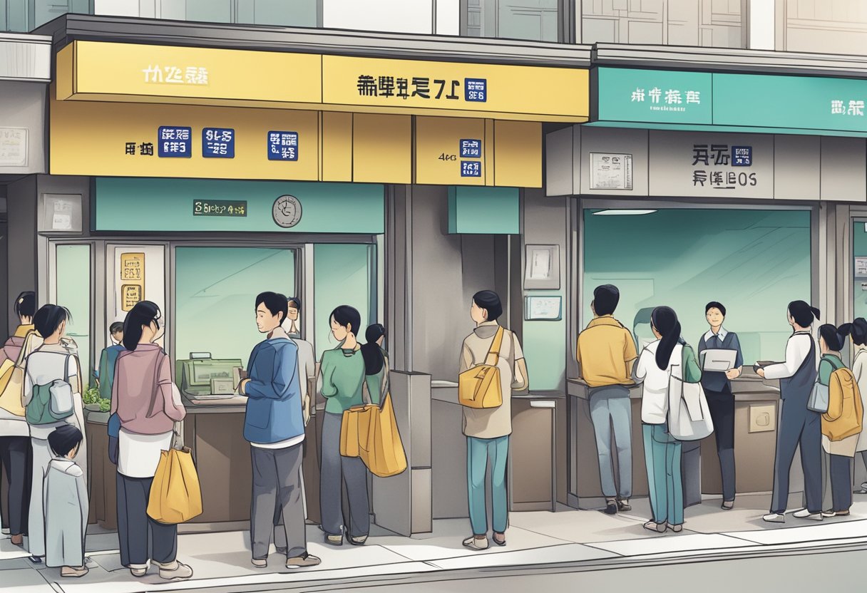 A licensed money lender's office in Far East Plaza. A sign displays interest rates, while customers wait in line