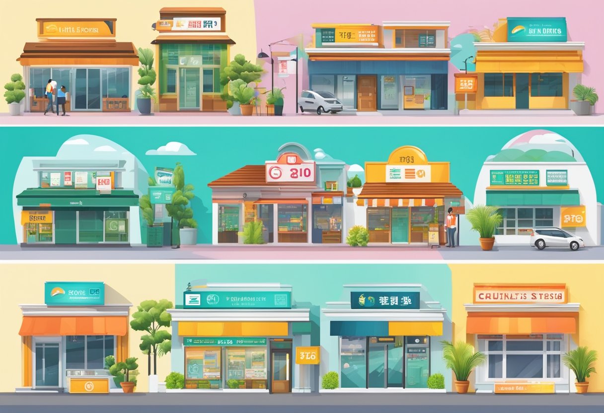 A line-up of top 10 money lender signs in Singapore, with colorful storefronts and prominent signage