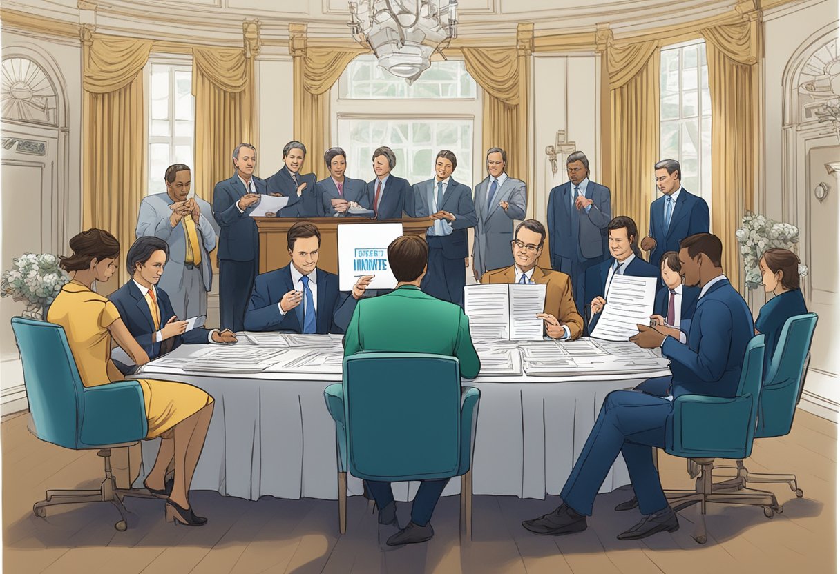 A group of people in a formal setting, exchanging money and signing documents, with a prominent sign displaying "Money Lenders Act 2008" in the background