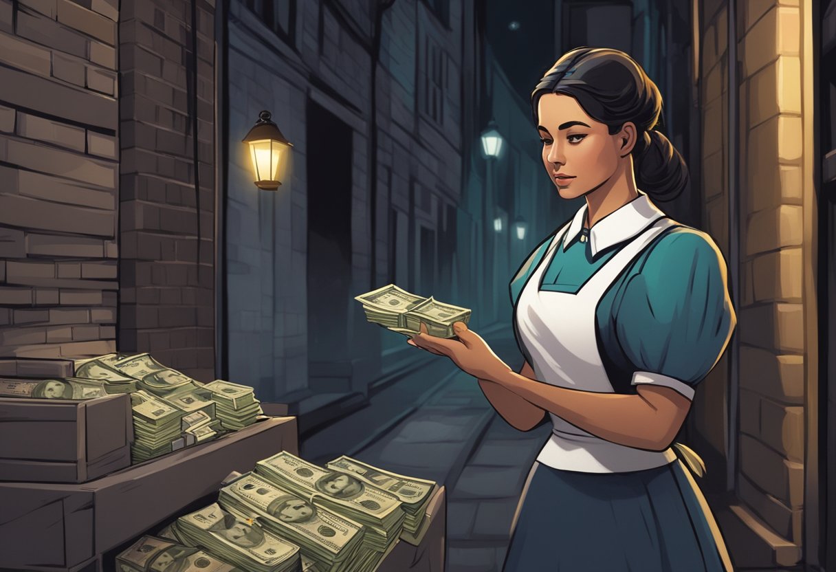 A woman in a maid uniform nervously hands over cash to a shady figure in a dimly lit alleyway