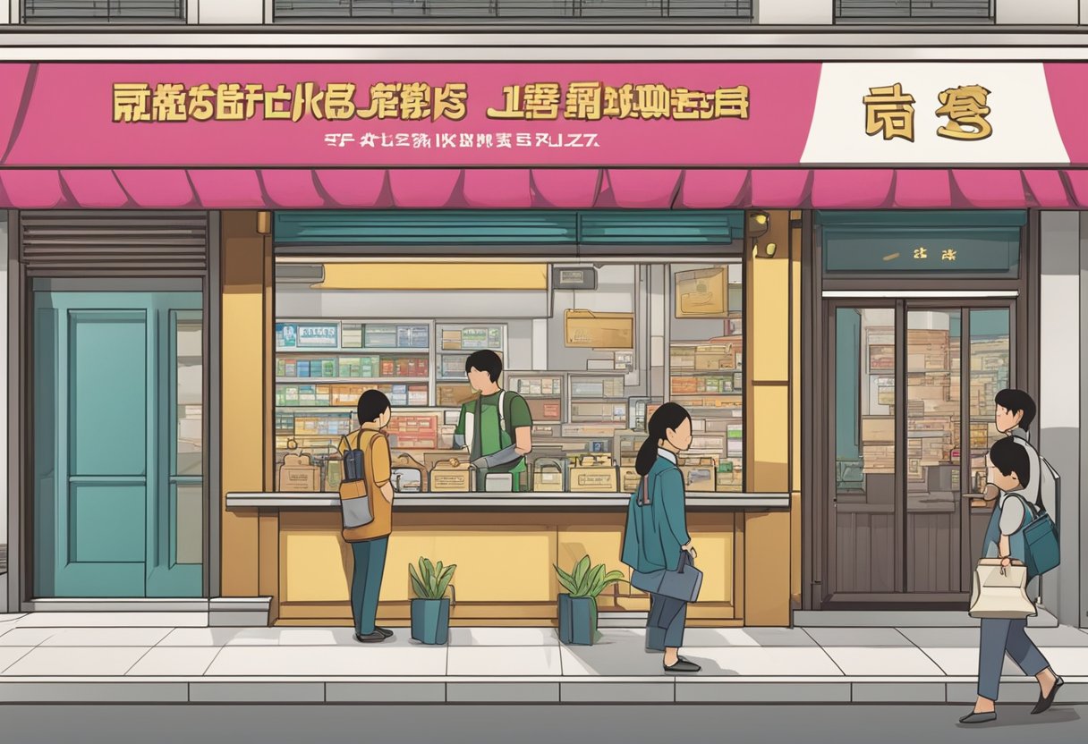 A licensed moneylender's sign hangs above a busy storefront at Far East Plaza, with customers entering and exiting the premises