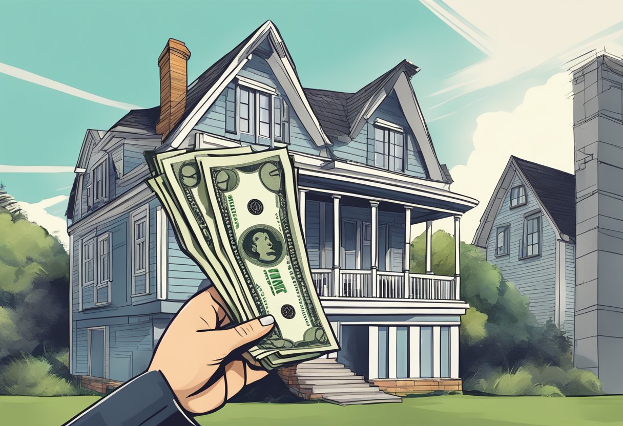 A hand holding a stack of money with a house being renovated in the background