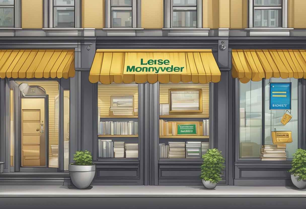A licensed moneylender's sign is prominently displayed outside their office, with a checkmark symbol indicating their official licensing status