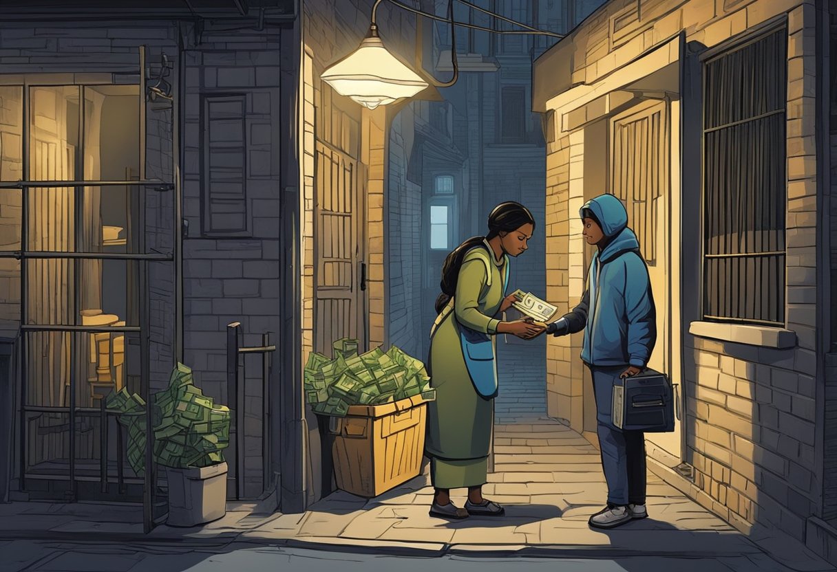 A domestic worker nervously hands over cash to a shady money lender in a dimly lit alleyway
