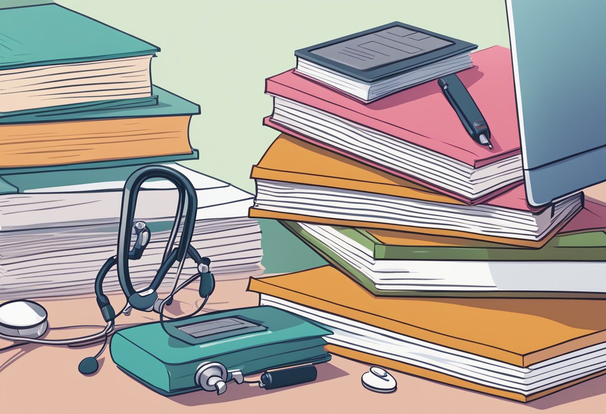 A stack of medical books with titles related to heart disease, a computer screen displaying risk factors, and a list of FAQs on a desk