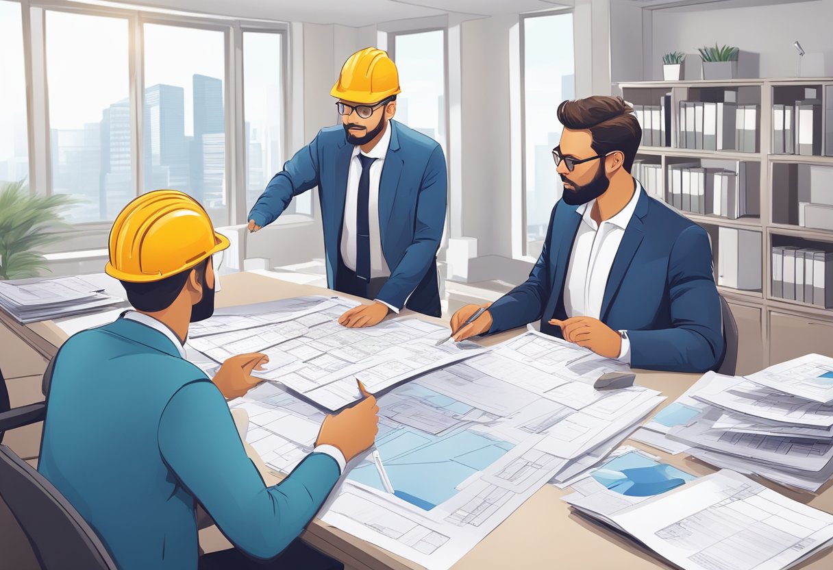 A contractor discusses renovation loan options with a money lender in an office setting. Blueprints and financial documents are spread out on the table