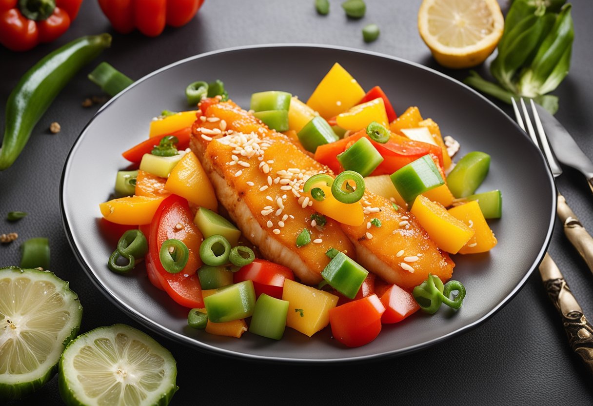 A plate of sweet and sour fish fillet with colorful bell peppers and pineapple, garnished with green onions and sesame seeds