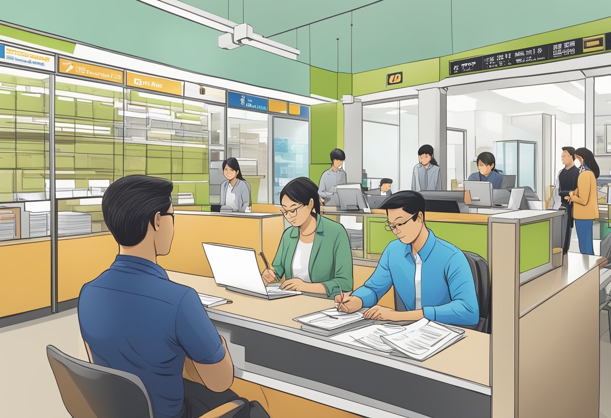 A customer sits at a desk, filling out a loan application form. A licensed money lender assists with paperwork at a customer service counter in Far East Plaza