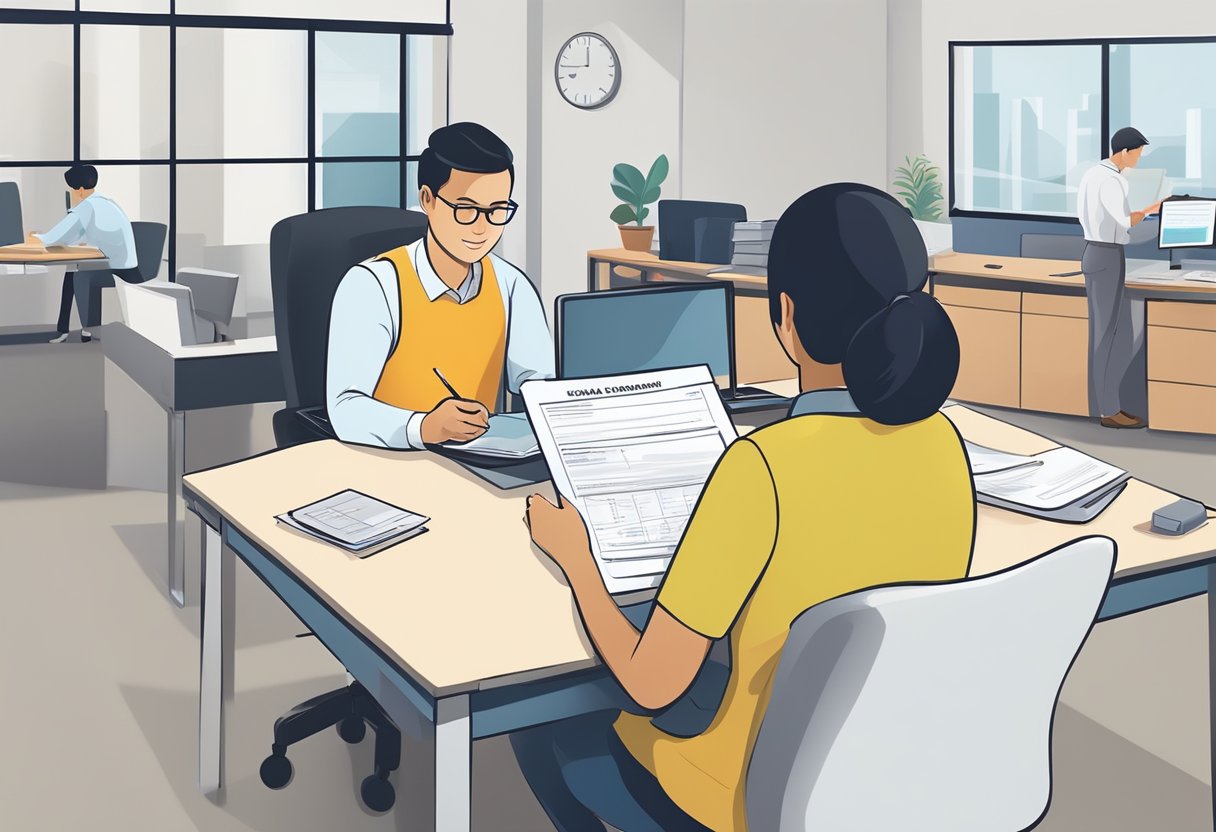 A person sitting at a desk filling out a loan application form at a licensed money lender office in Punggol. The lender is reviewing the documents and discussing terms with the applicant