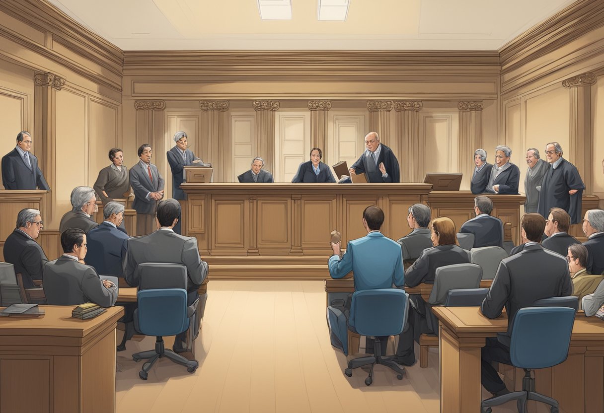 A courtroom with a judge, lawyers, and a group of people representing money lenders. The Money Lenders Act 2008 is displayed prominently on a wall