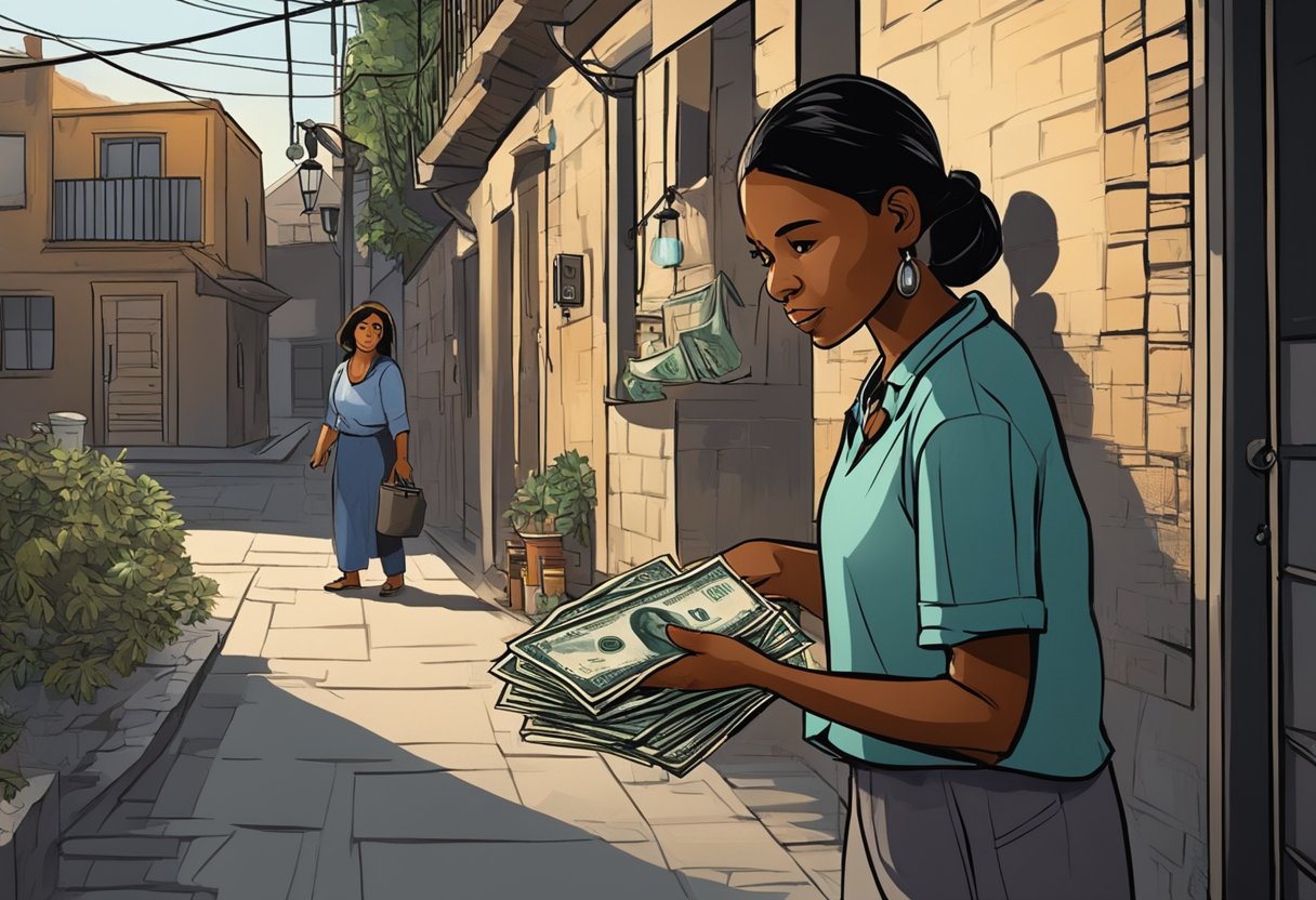 A domestic worker is handed cash by a shady figure in a dimly lit alleyway. She looks worried as she takes the money, indicating the risky nature of the transaction