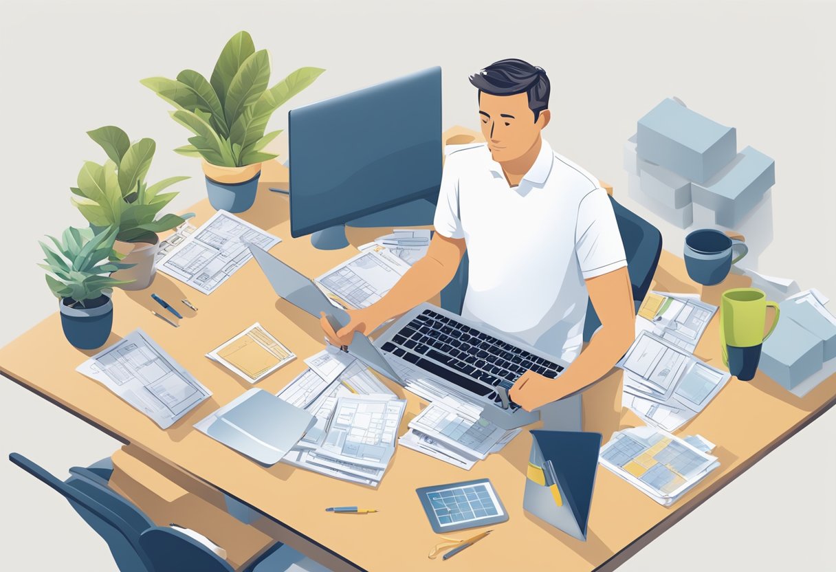 A person sits at a desk with a calculator and a stack of paperwork, surrounded by blueprints and renovation plans. A laptop displays a website for a renovation loan money lender