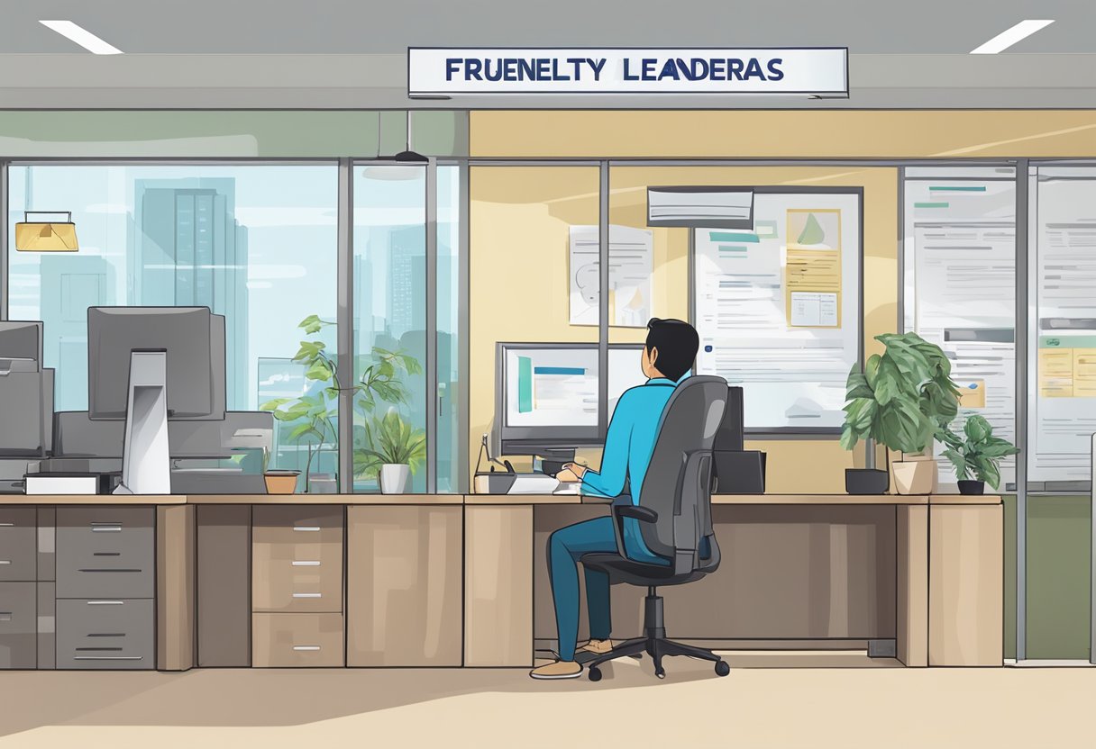 A customer standing at a licensed money lender's office in Punggol, with a sign displaying "Frequently Asked Questions" prominently displayed
