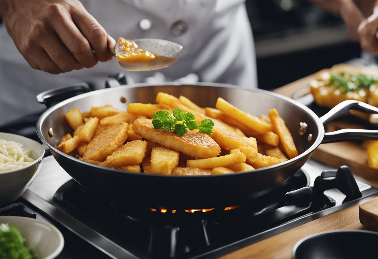 A chef seasons and fries fish fillet, then coats it in sweet and sour sauce in a sizzling pan