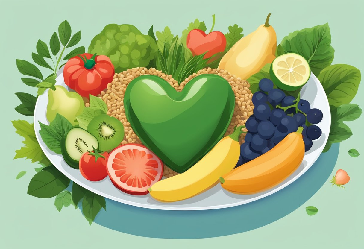 A colorful plate of fruits, vegetables, and whole grains, with a heart-shaped symbol in the center, surrounded by vibrant green leaves and a clear, blue sky in the background