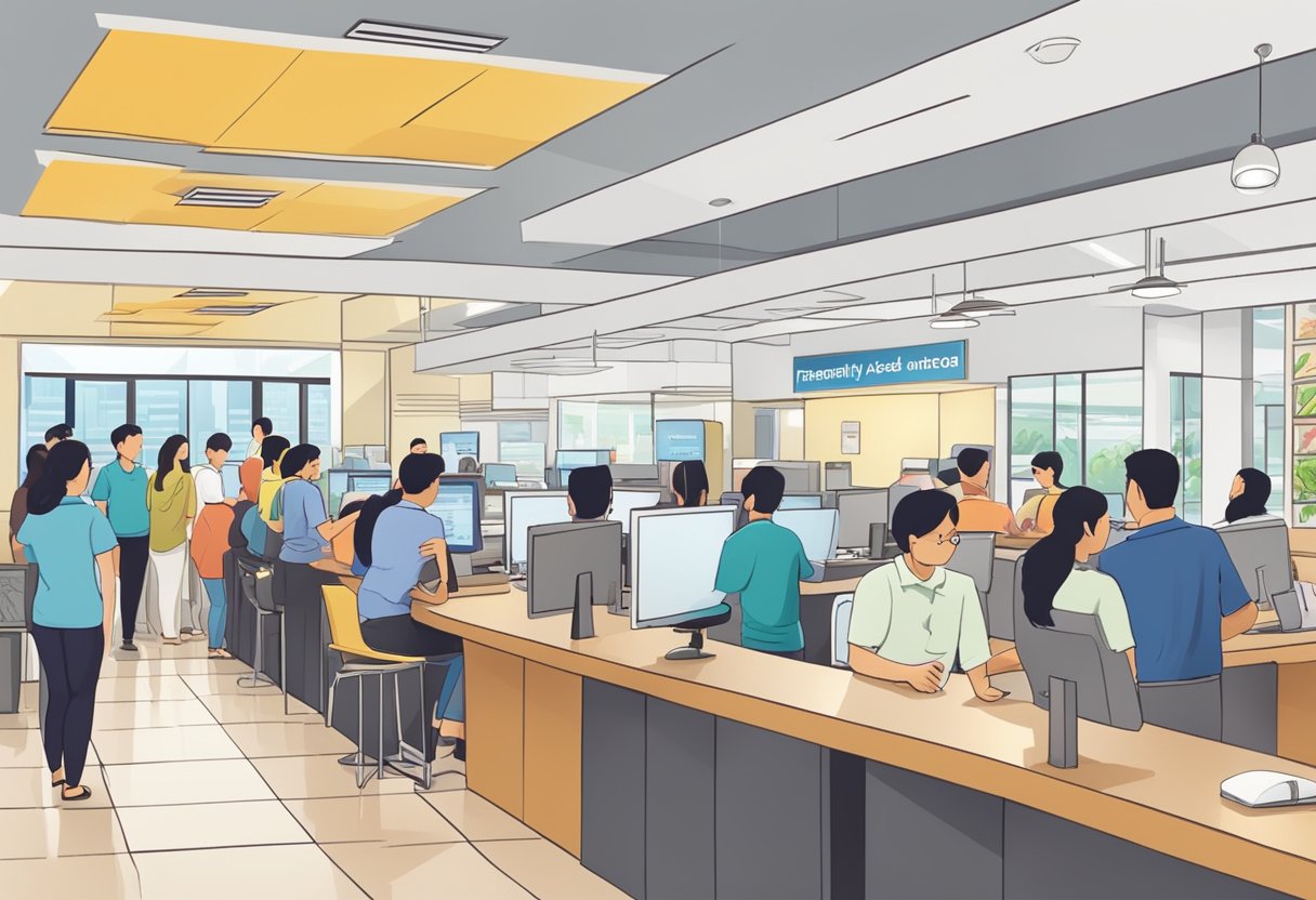 A bustling office with a sign reading "Frequently Asked Questions" and a licensed money lender in Bukit Batok. Customers line up at the counter