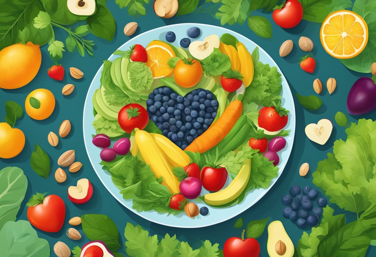 A colorful plate filled with fruits, vegetables, nuts, and legumes, with a heart symbol in the center, surrounded by vibrant green leaves and a clear blue sky in the background