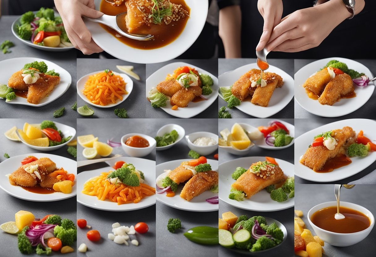 A hand pours a mixture of sweet and sour sauce over a golden-fried fish fillet, with colorful vegetables and garnishes surrounding the dish