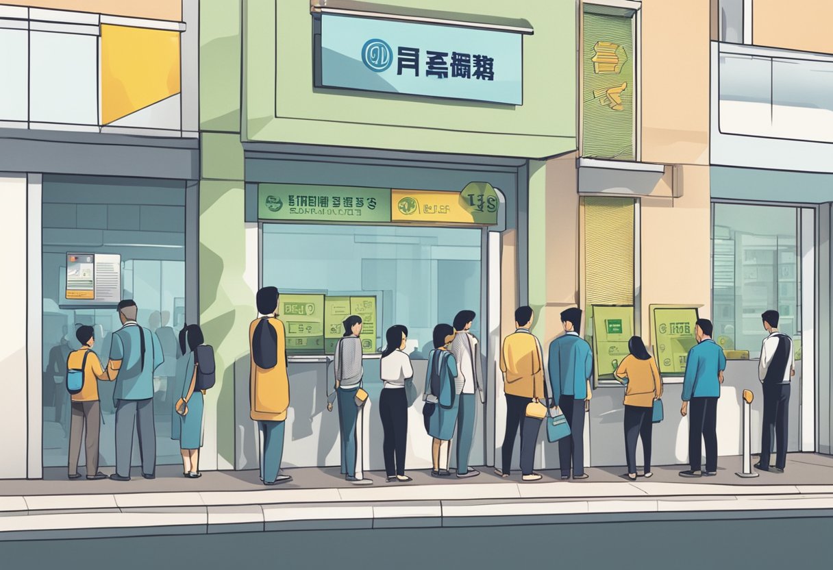 A group of people standing in line outside a row of money lending offices in Singapore, with signs displaying "Top 10 Money Lenders" prominently