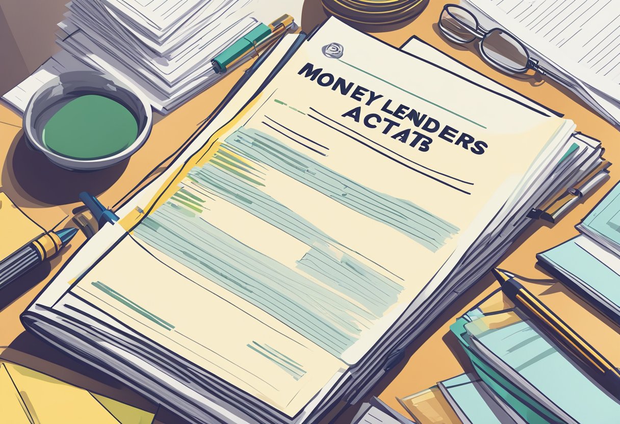 A stack of legal documents on a desk, with a prominent title "Money Lenders Act 2008" and a list of frequently asked questions