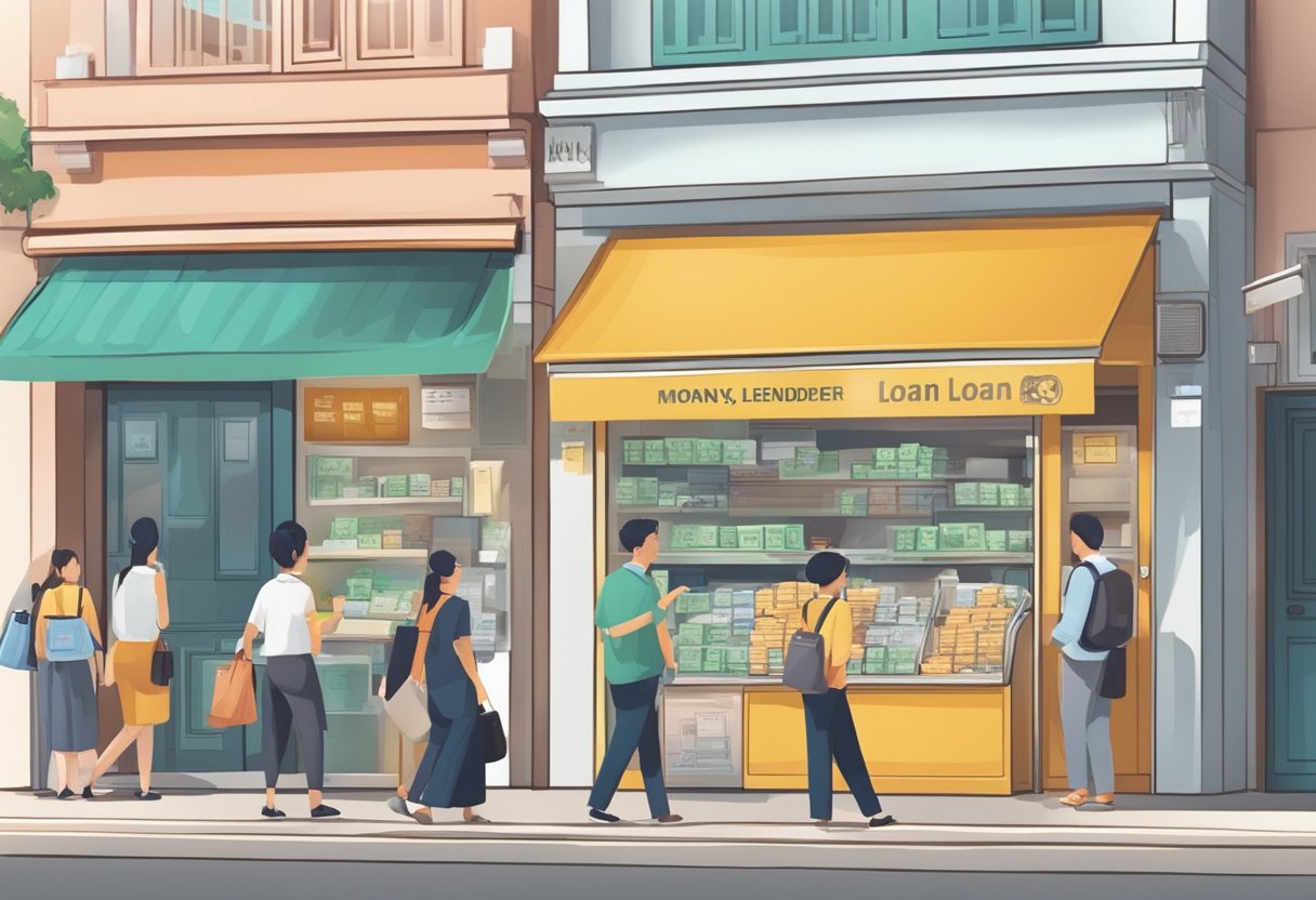 A busy Singapore street with a licensed moneylender's storefront, displaying interest rates and loan terms. Customers enter and exit, exchanging cash and documents