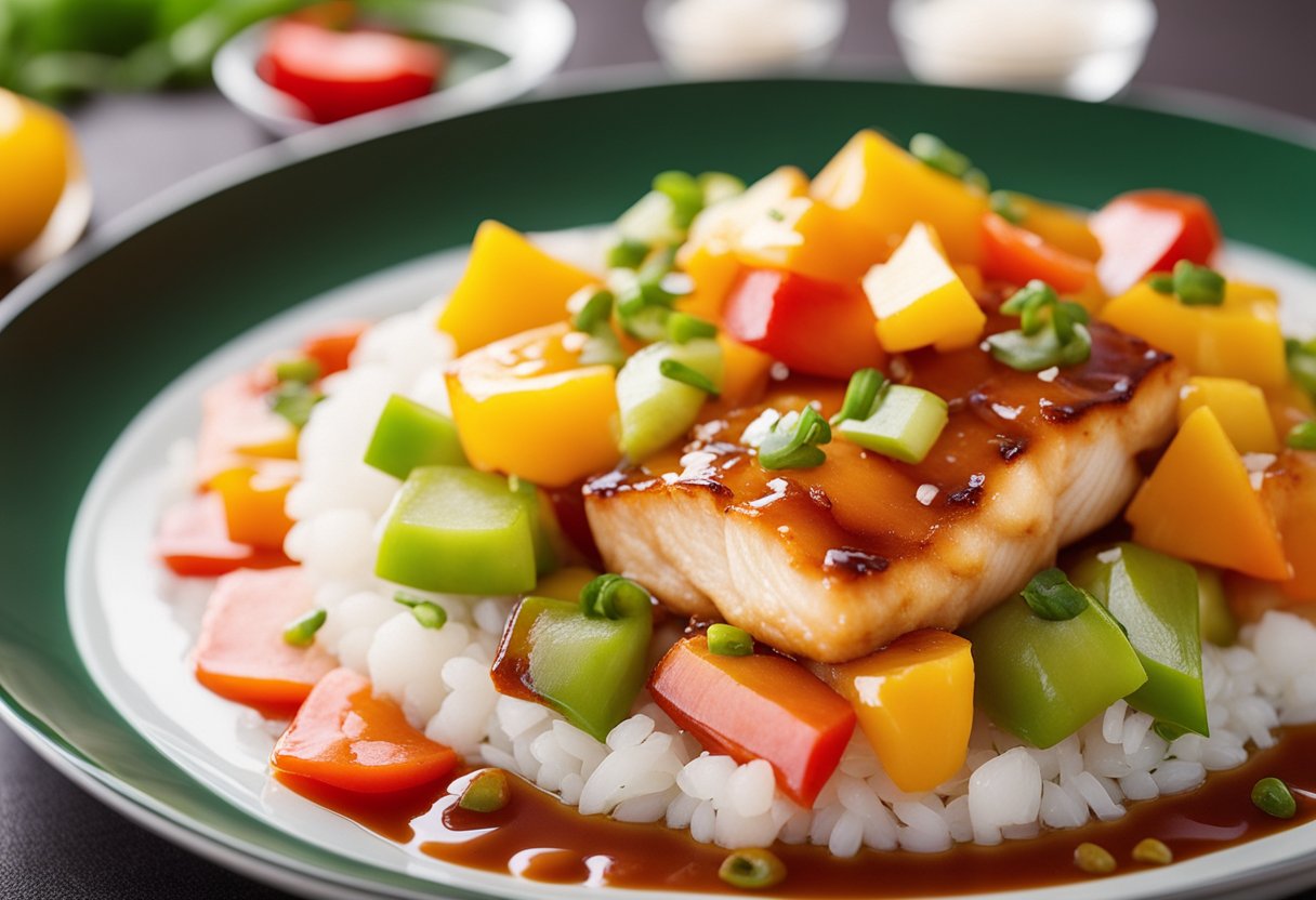 A plate of sweet and sour fish fillet with colorful bell peppers and pineapple chunks in a thick, glossy sauce, garnished with green onions