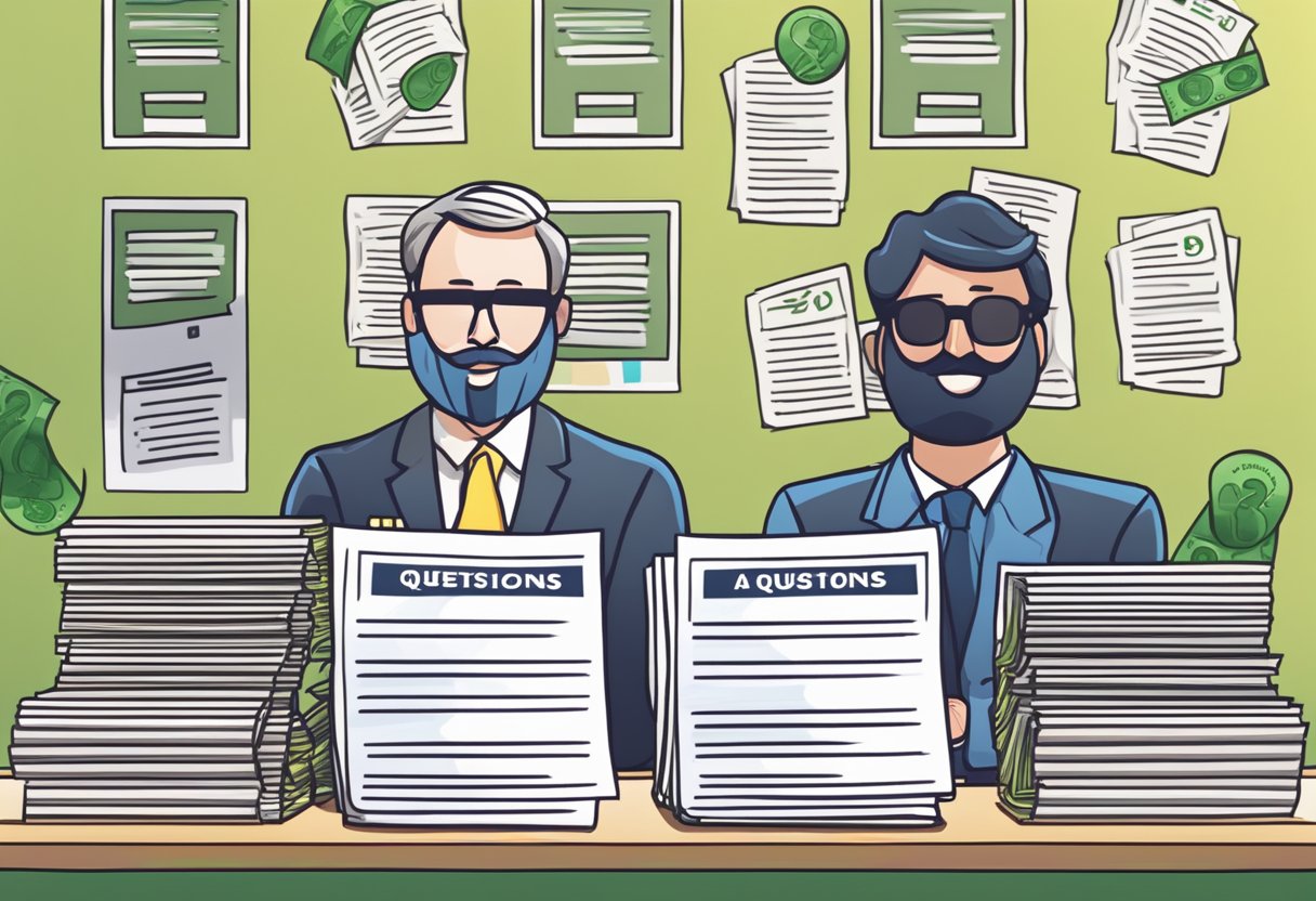 A stack of Frequently Asked Questions papers next to a licensed money lender sign