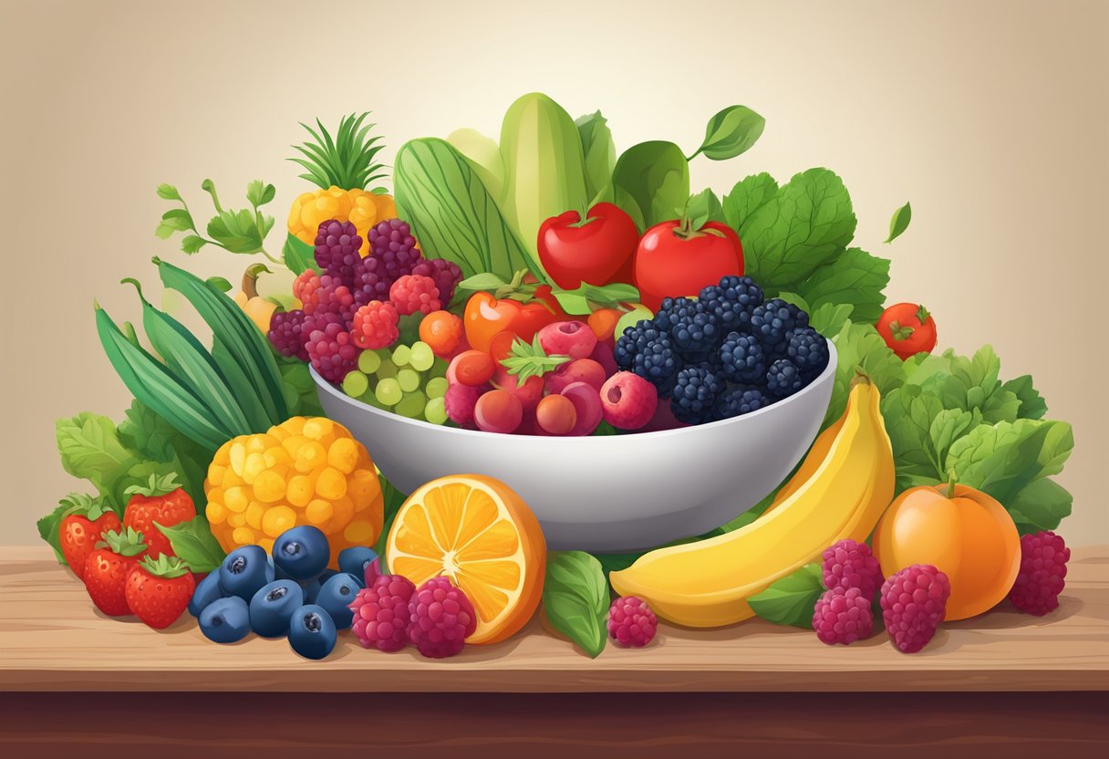 A colorful array of fresh fruits, vegetables, grains, and legumes arranged on a table, with a heart-shaped bowl filled with vibrant berries as the centerpiece