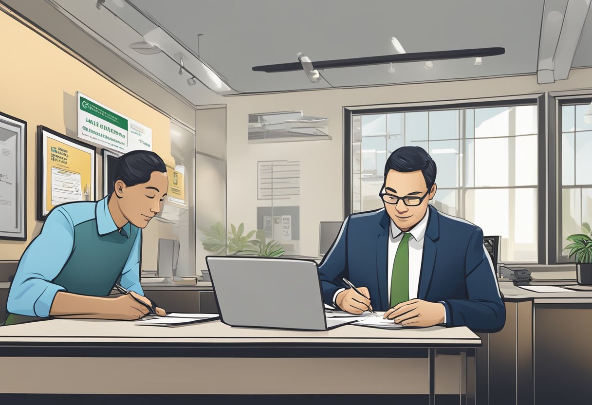 A customer sits at a desk, signing paperwork while a money lender explains terms. A sign on the wall displays the company's name and logo