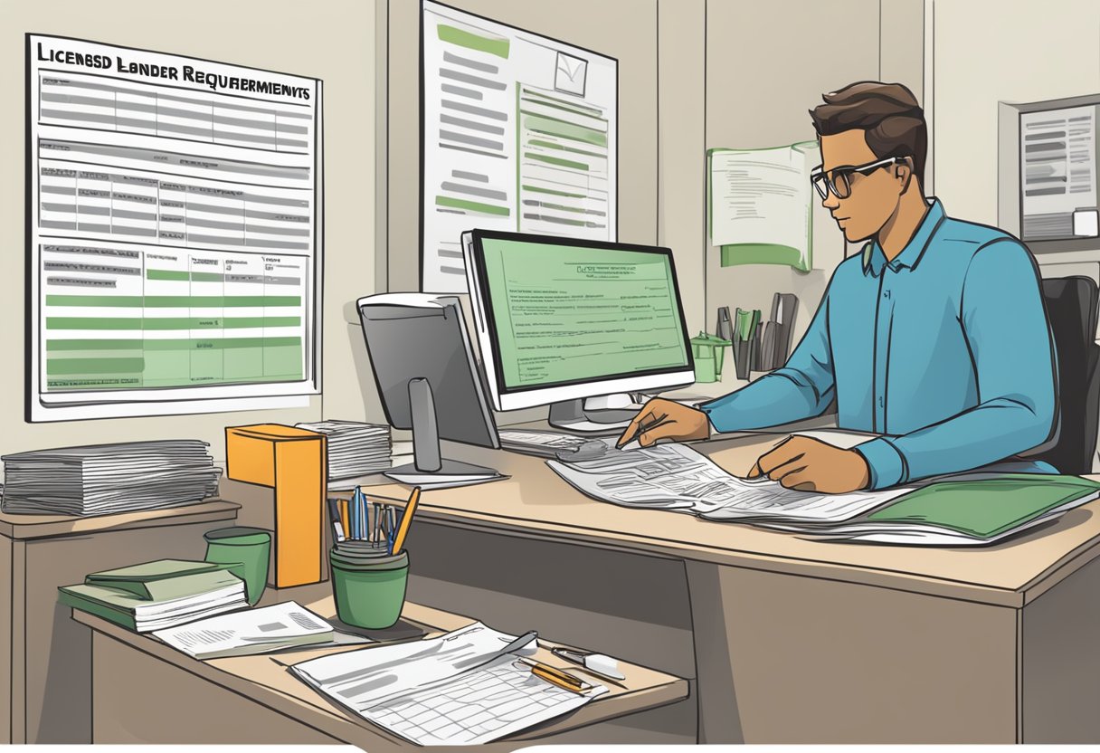 A sign displaying "Licensed Money Lender Requirements" with a list of criteria. A desk with paperwork and a computer. A person filling out forms