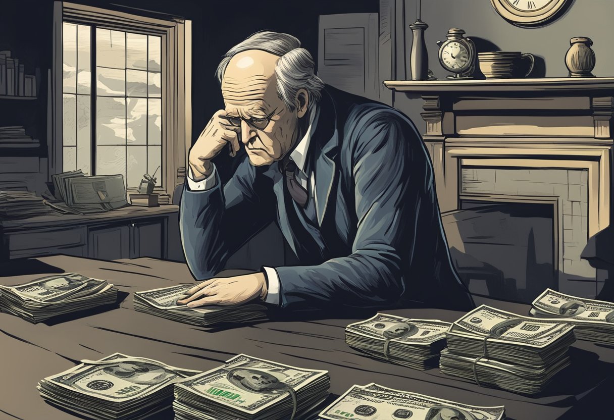 A dark figure looms over a desperate borrower, demanding exorbitant interest rates. The borrower's distressed expression reveals the burden of unlicensed money lending