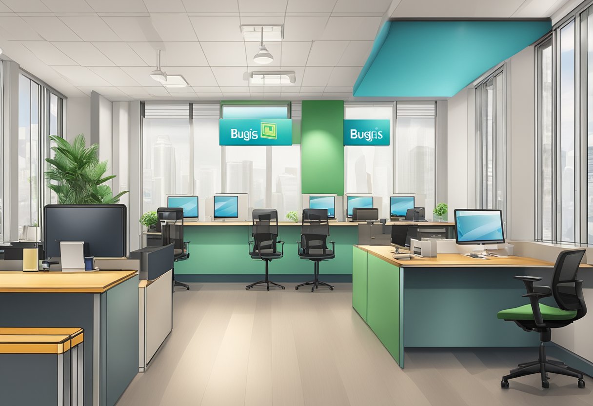 A brightly lit Bugis licensed money lender office with a counter, chairs, and a sign displaying the company's name and license prominently