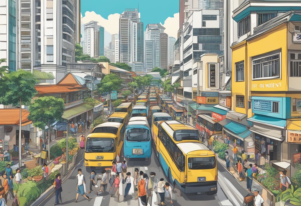 A bustling street in Tanjong Pagar, with a prominent sign reading "Best Money Lender." Surrounding buildings and people suggest a lively and vibrant atmosphere