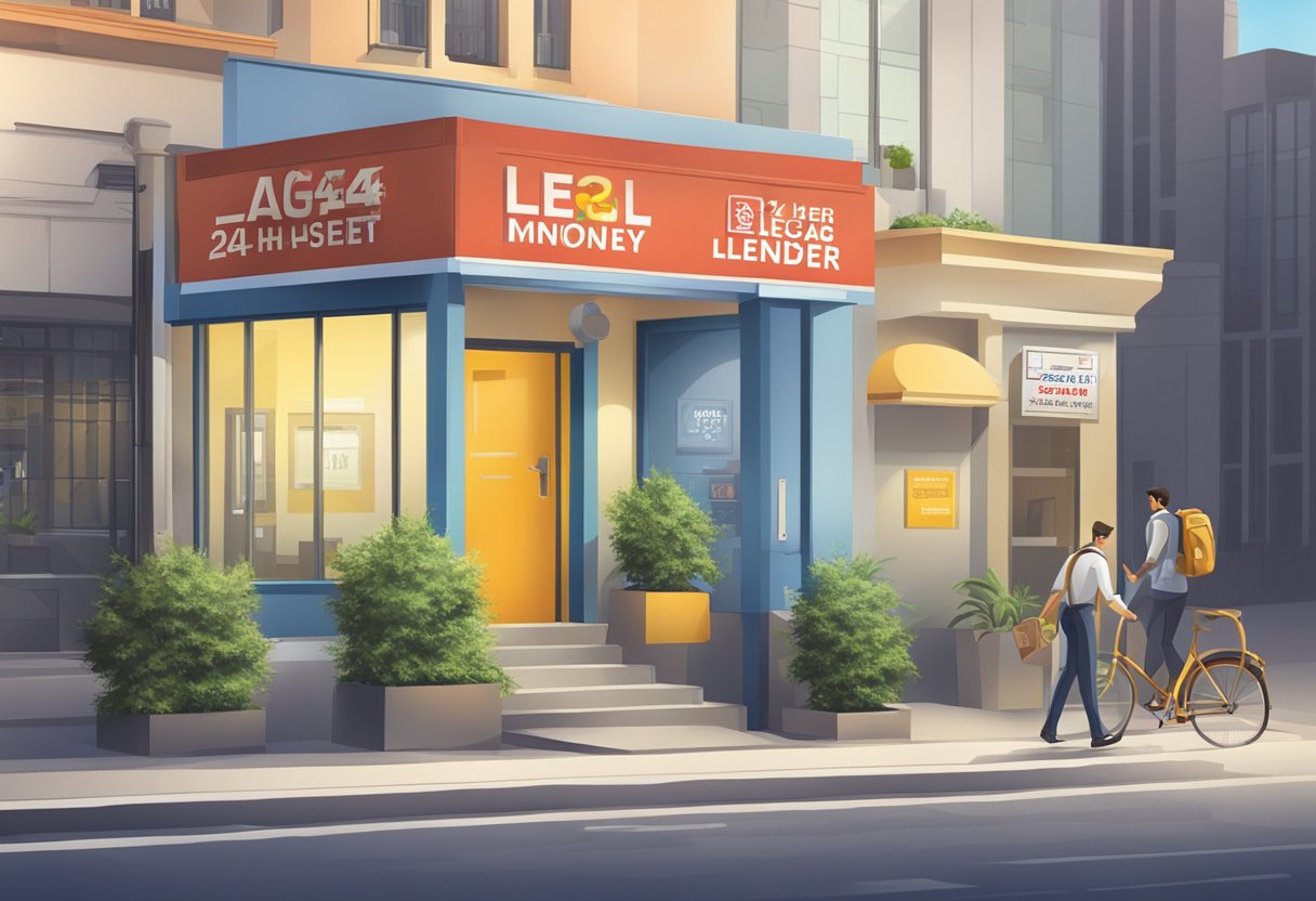A signboard displaying "24hrs legal money lender with lowest interest" outside a nondescript building