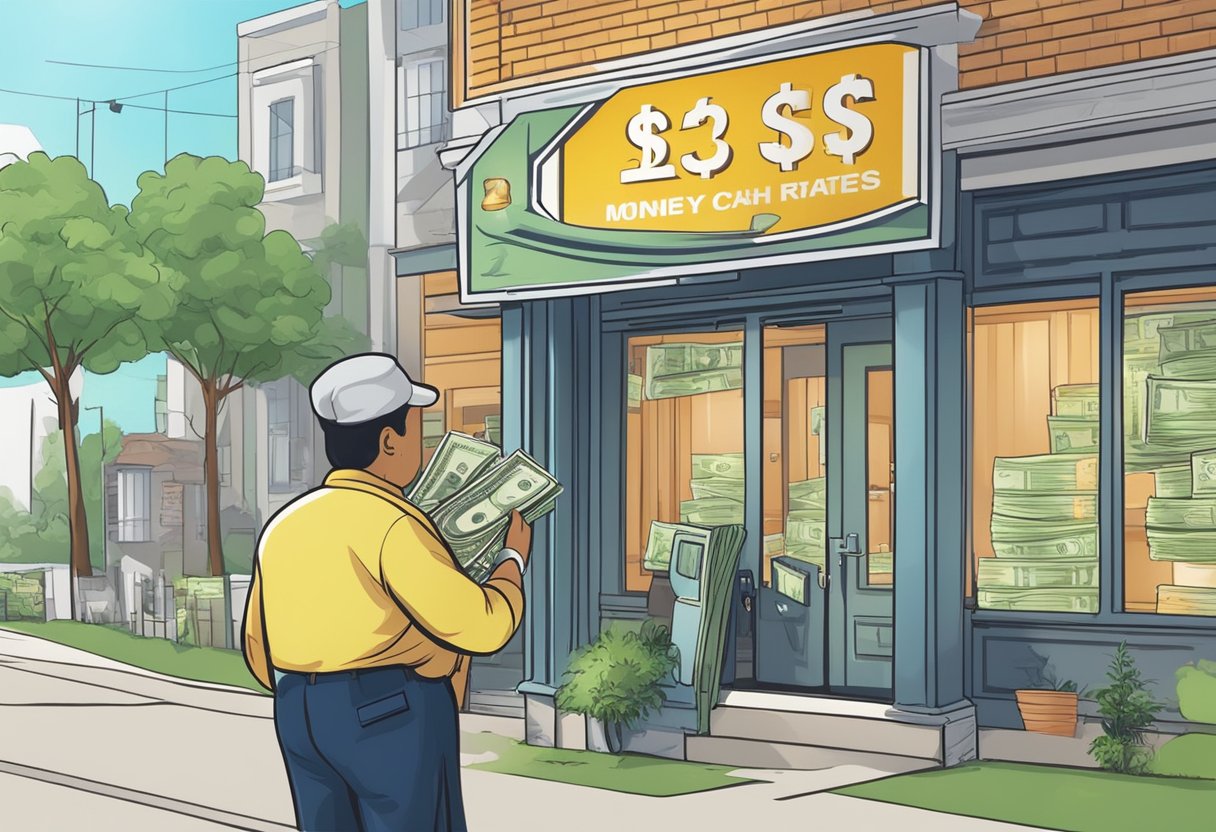 An unlicensed moneylender counts cash with high interest rates displayed on a sign