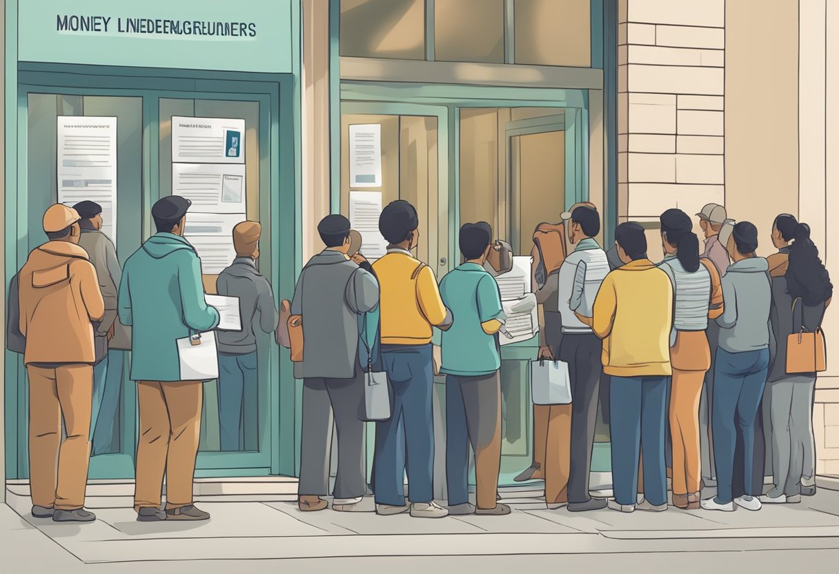 A group of people waiting in line outside a government office, holding paperwork and identification documents, while a sign on the door reads "Licensing Requirements for Moneylenders."
