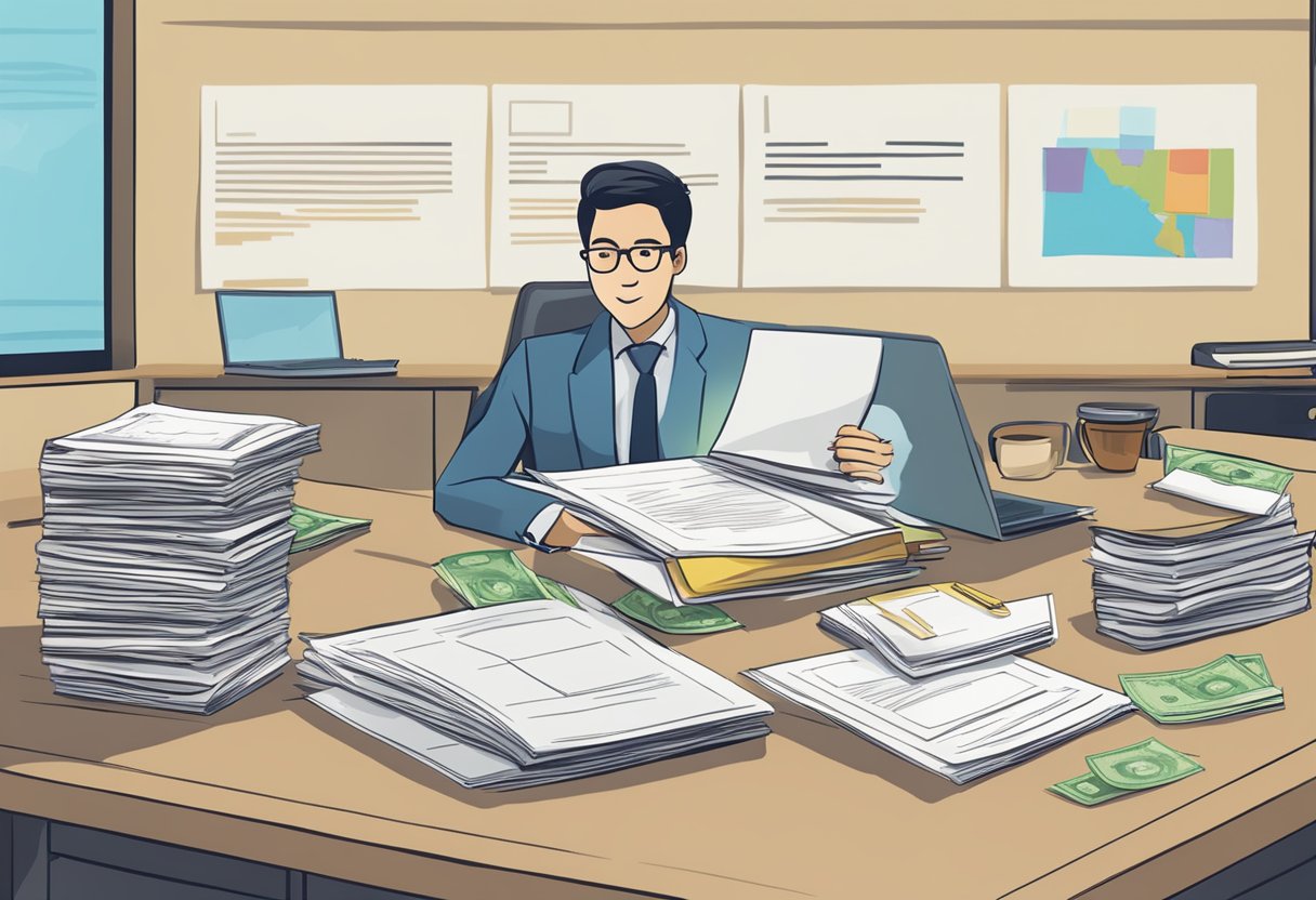 A table with a stack of papers labeled "Frequently Asked Questions" and a sign that reads "Licensed Money Lender Singapore 2015."