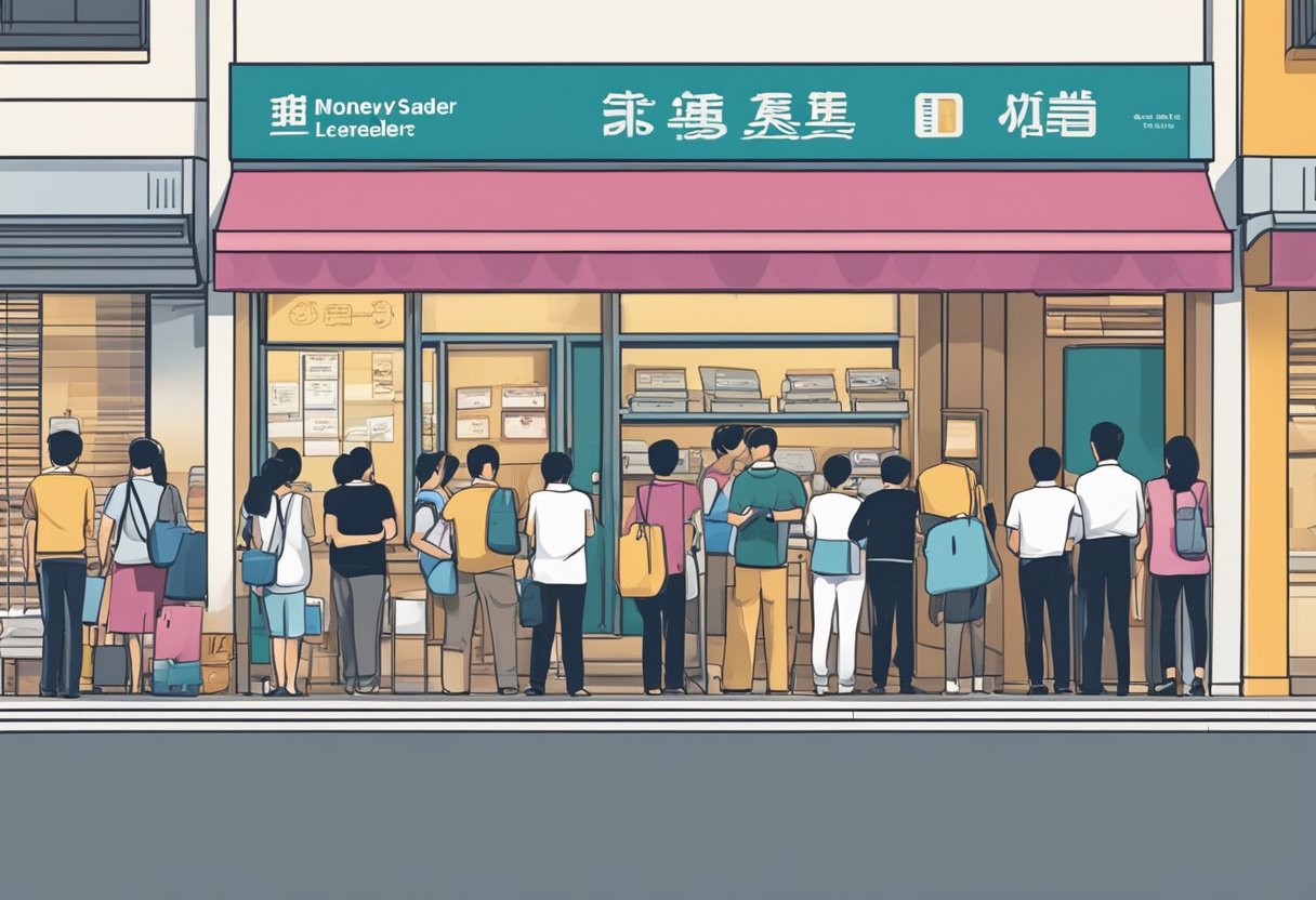 A licensed moneylender's sign hangs outside a storefront in Singapore's Jurong West district, with a queue of customers waiting to enter