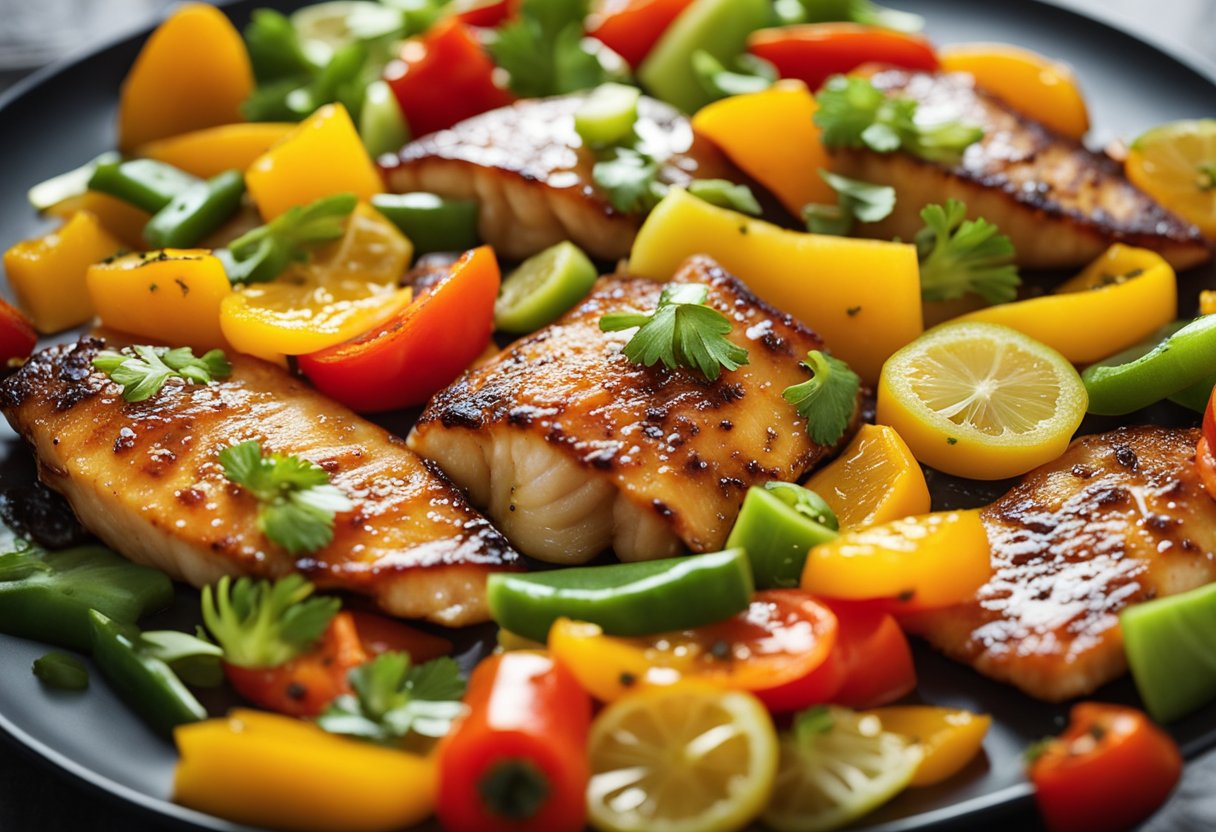 Tilapia fillets marinated in sweet and sour sauce, surrounded by colorful bell peppers, pineapple chunks, and green onions