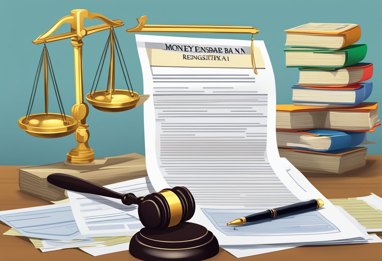 A stack of legal documents with the Moneylenders Act and Registry ban list prominently displayed. A gavel and scales of justice symbolize the legal regulations