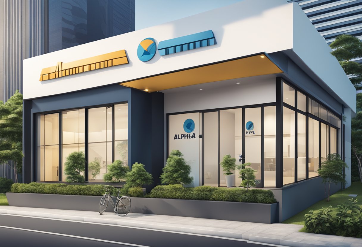 A modern office with the company logo "alpha 8 pte ltd" displayed prominently. A licensed money lender sign is visible