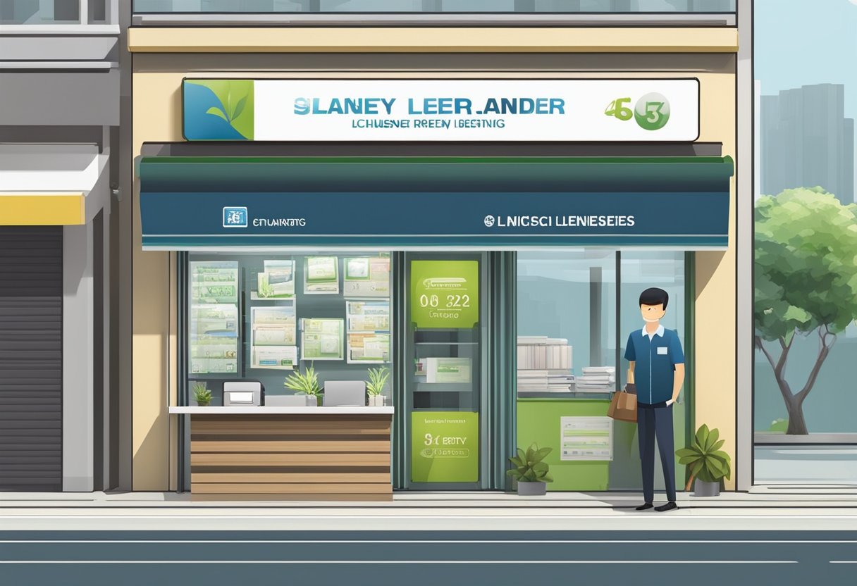 A licensed money lender's storefront in Clementi, with a clear and prominent sign displaying their license number. The office is clean and organized, with a professional-looking staff assisting clients